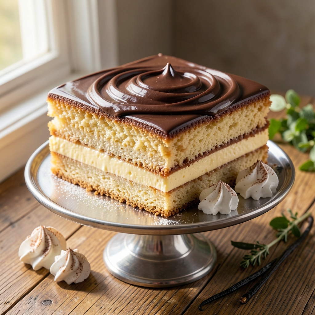 Old Fashioned Boston Cream Cake Recipe: Vanilla Pudding Layers Between Spiced Cake